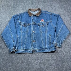 VTG ID Wear Bulls-Eye BBQ Denim Trucker Jacket Mens Large Leather Collar Western
